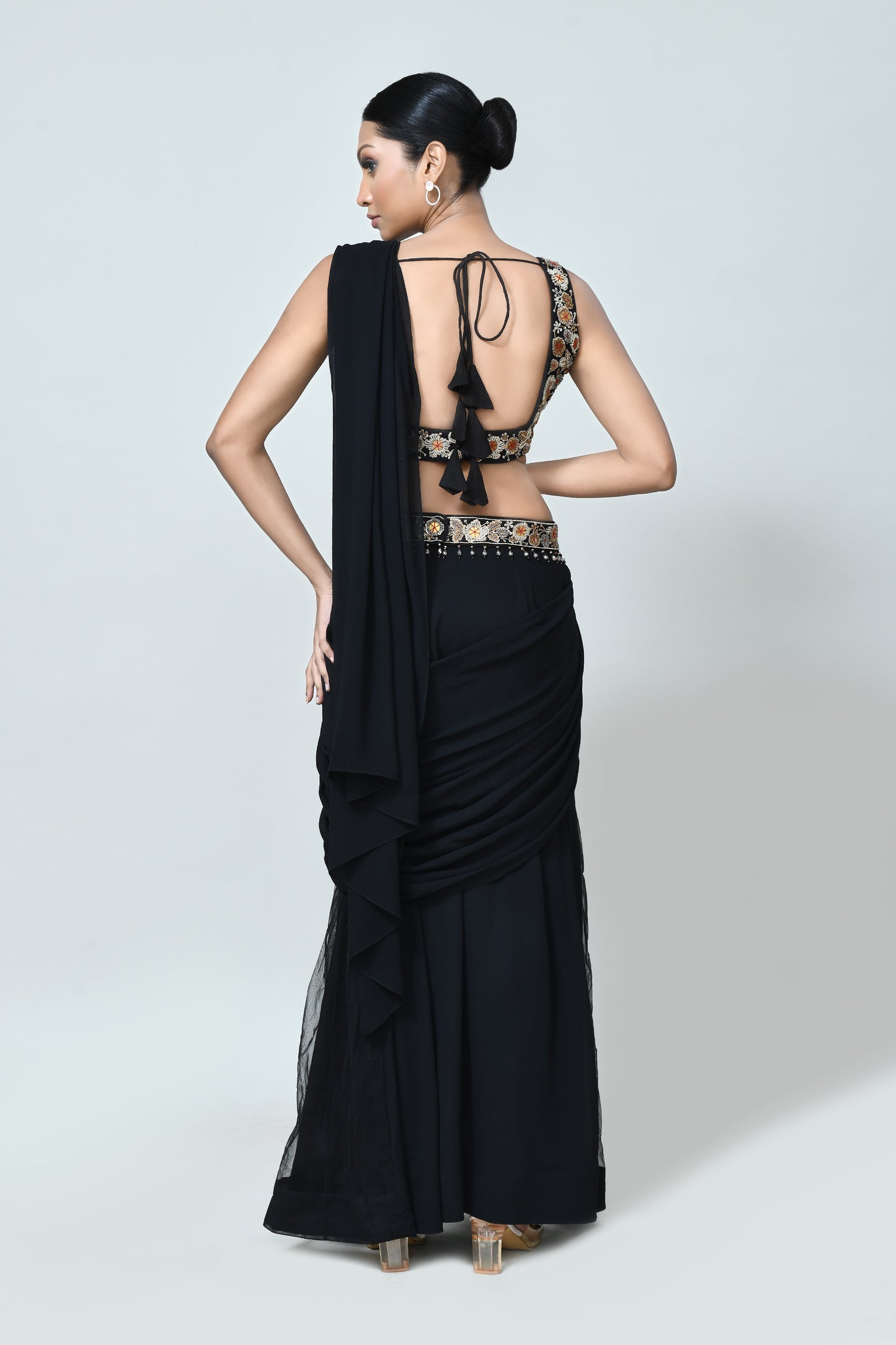 Designer Wear Black Georgette Net Drape Saree