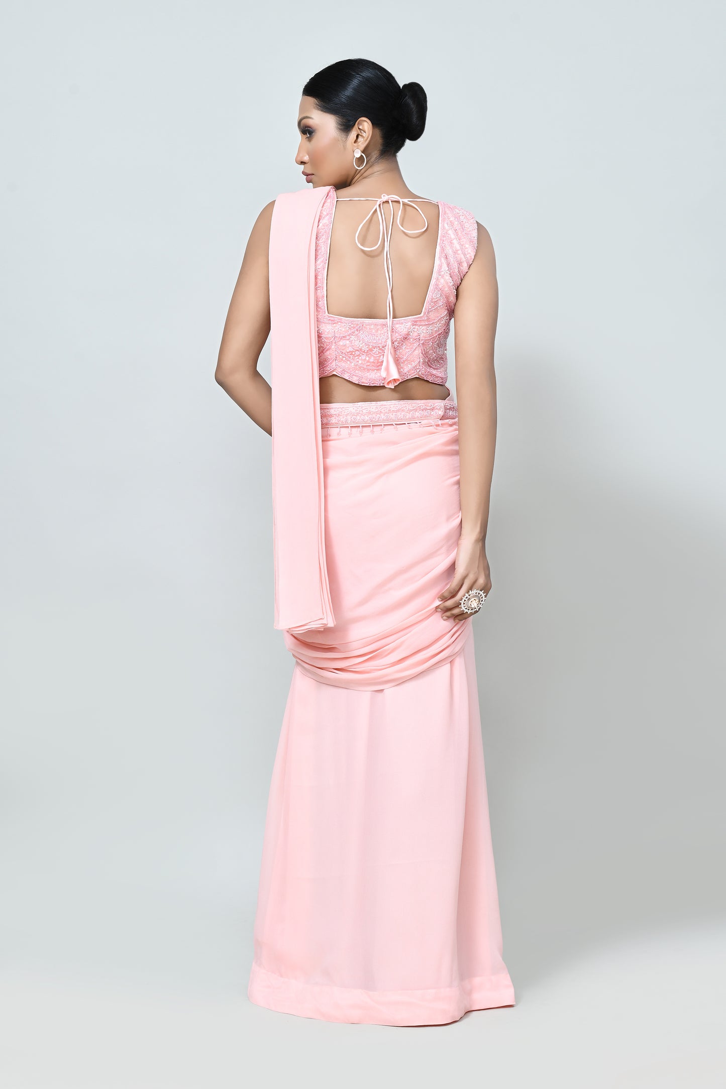 Designer Wear Peach Georgette Net Drape Saree