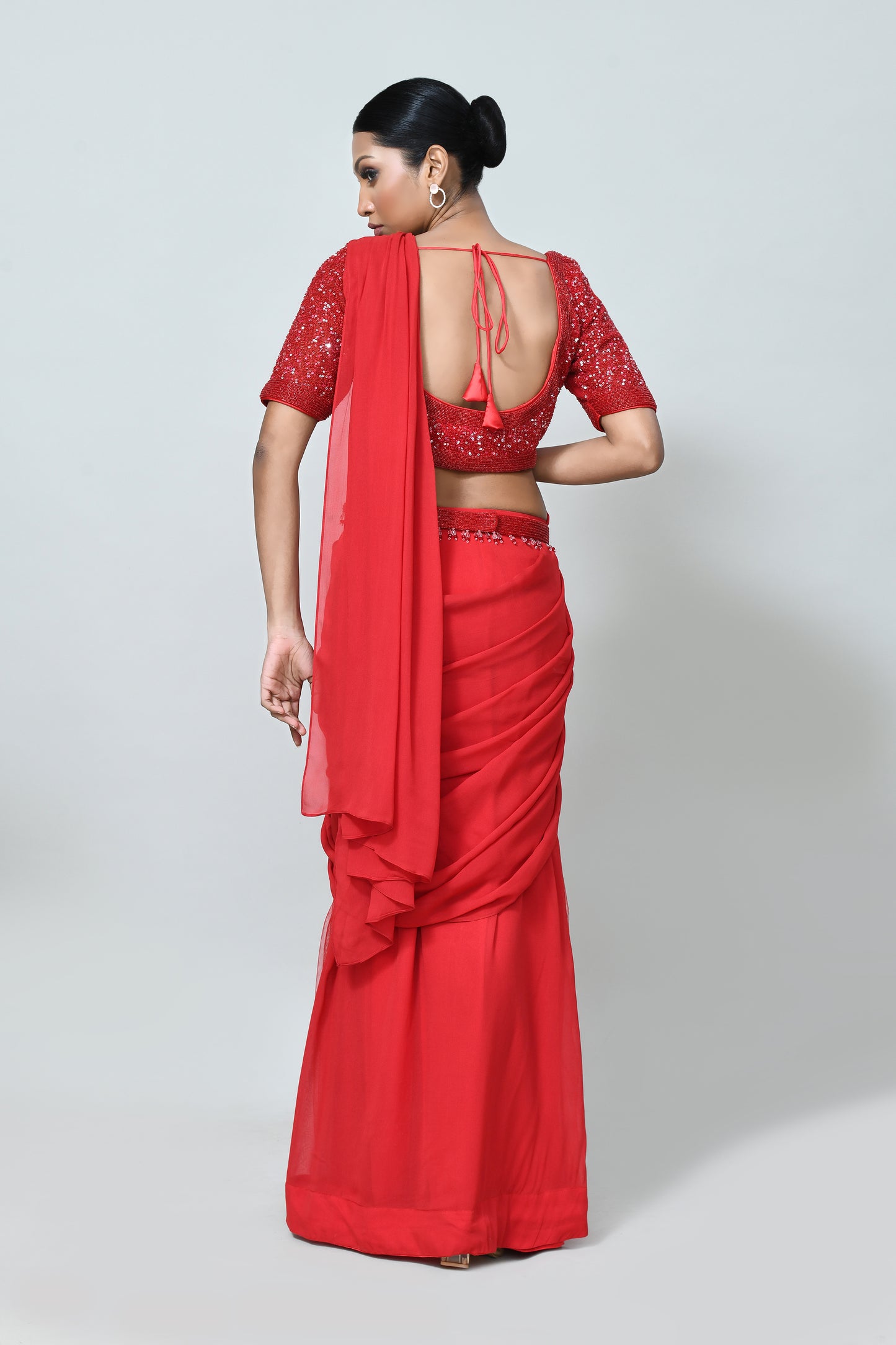 Designer Wear Red Georgette Net Drape Saree