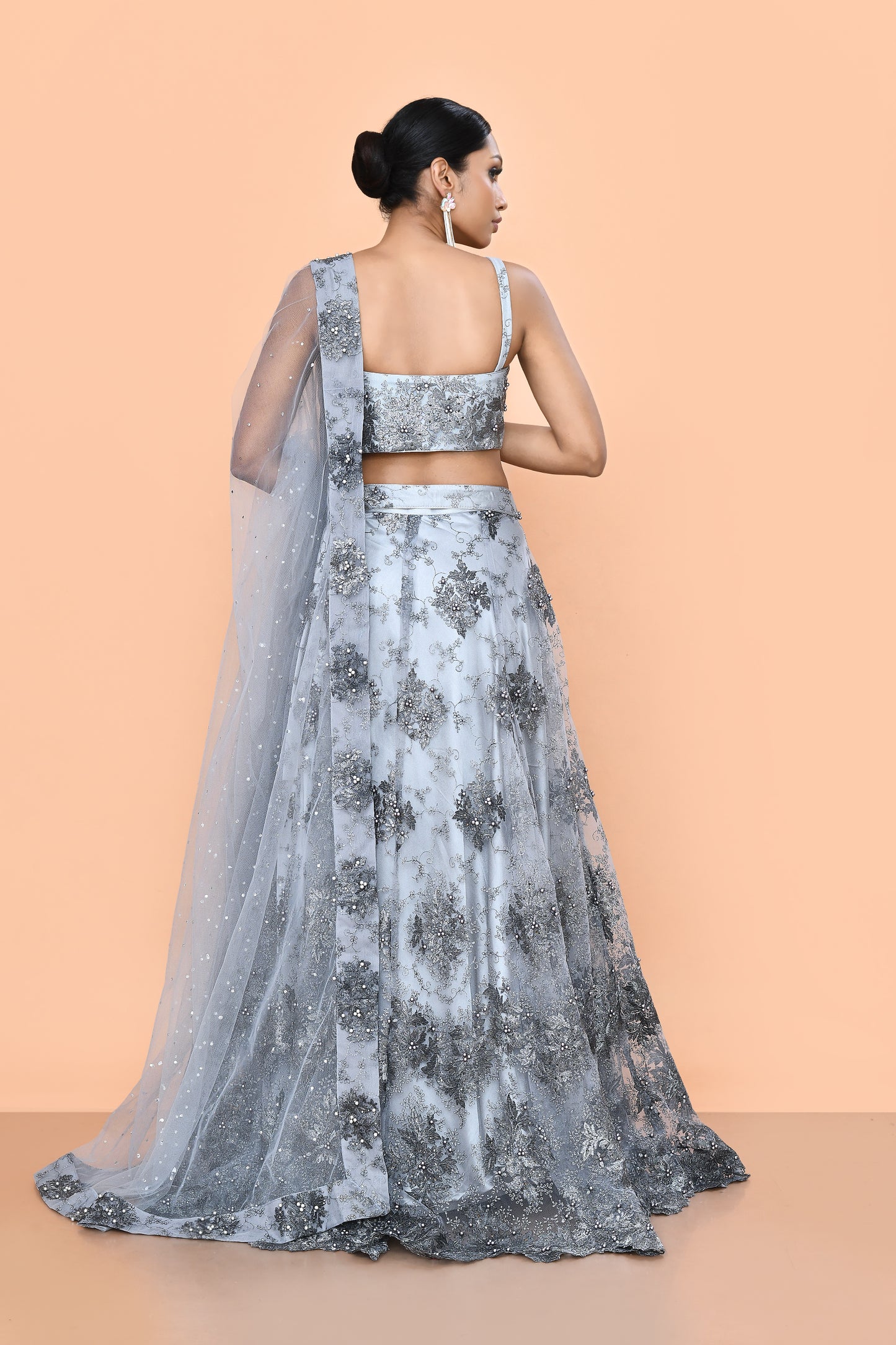 Designer Wear Grey Net Lehenga Set