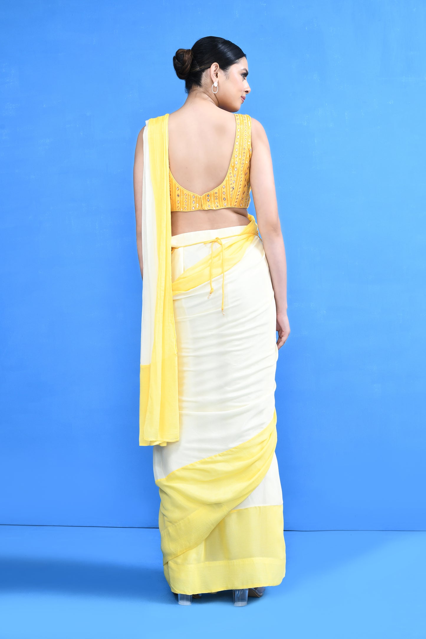 Designer Wear White & Yellow Chinon Chiffon Drape Saree