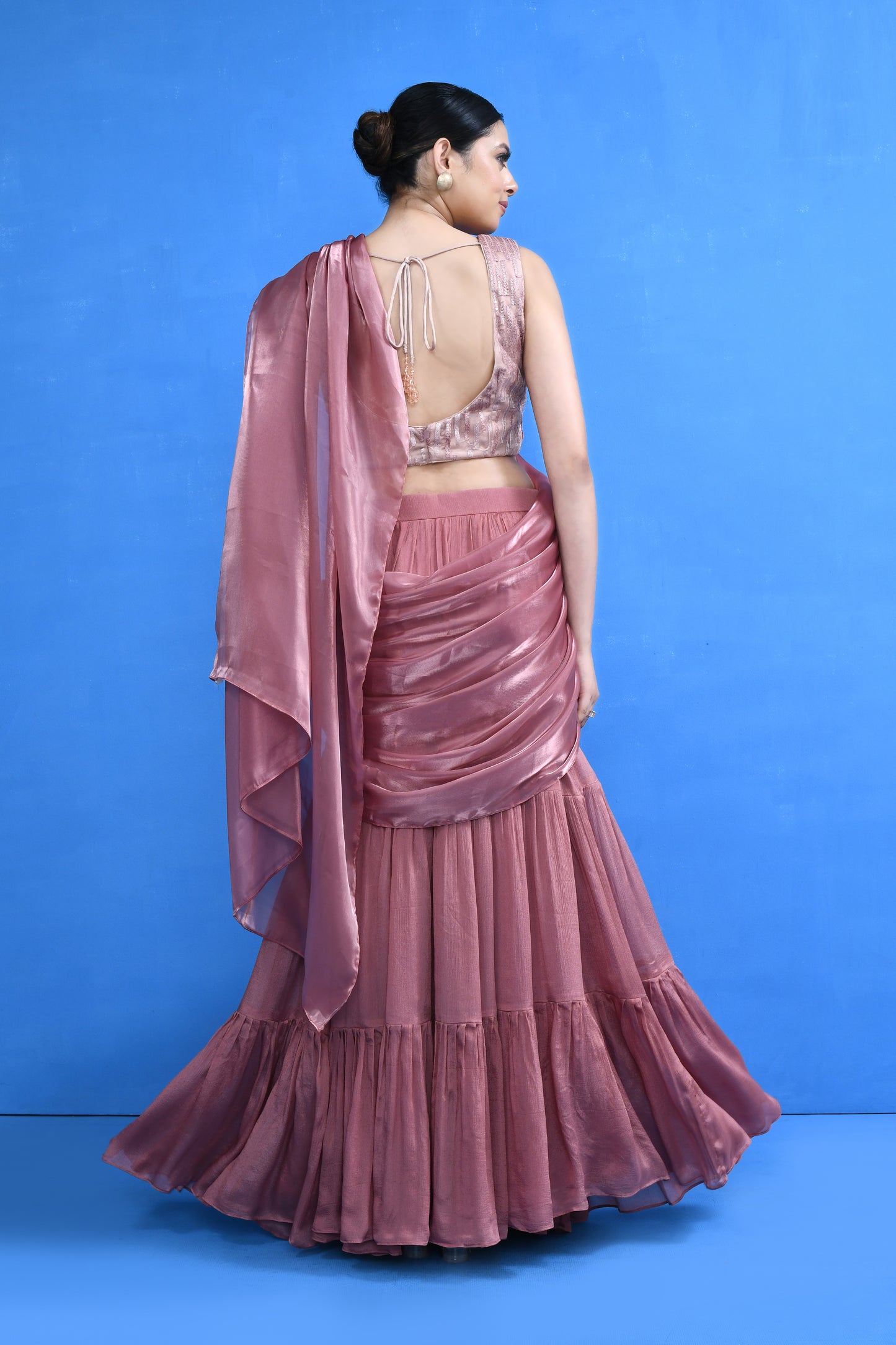 Designer Wear Onion Pink Drape Saree Set