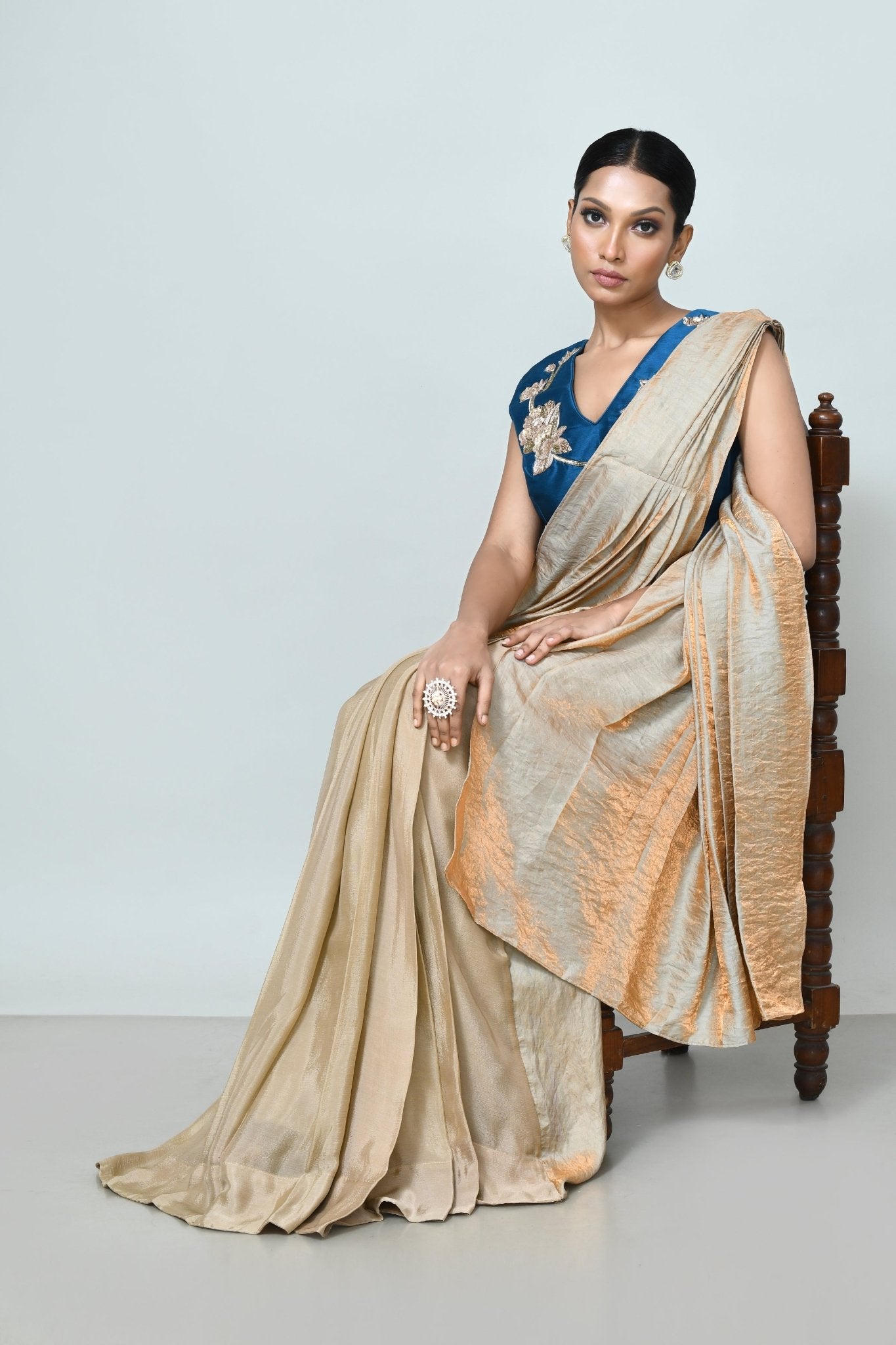 Designer Wear Beige Drape Saree Set - Simaaya