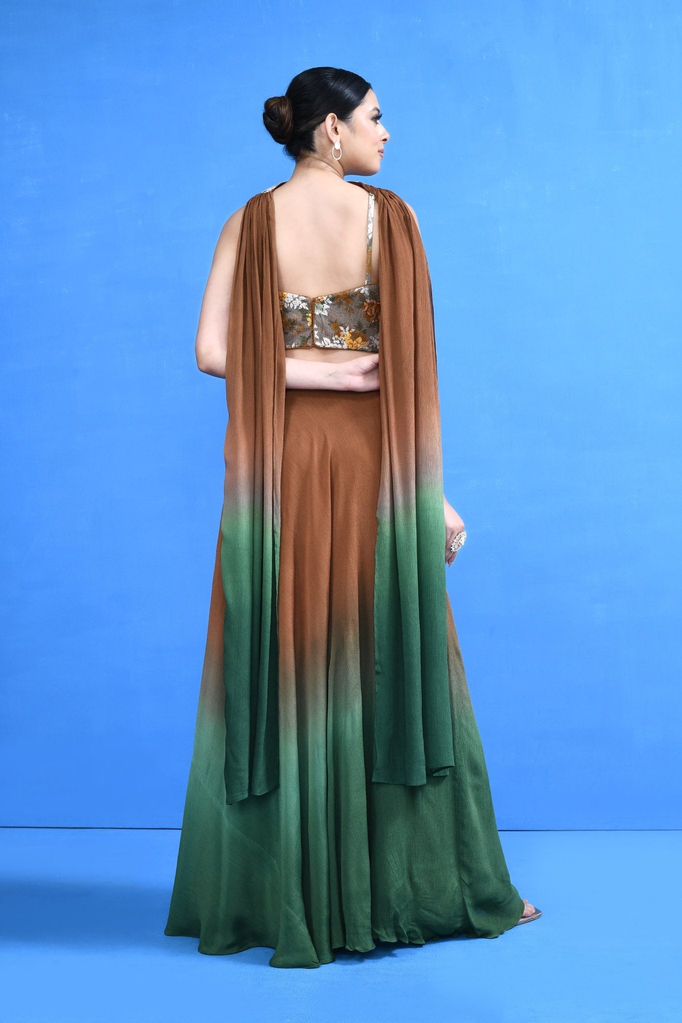 Designer Wear Brown & Green Lehenga Set - Simaaya