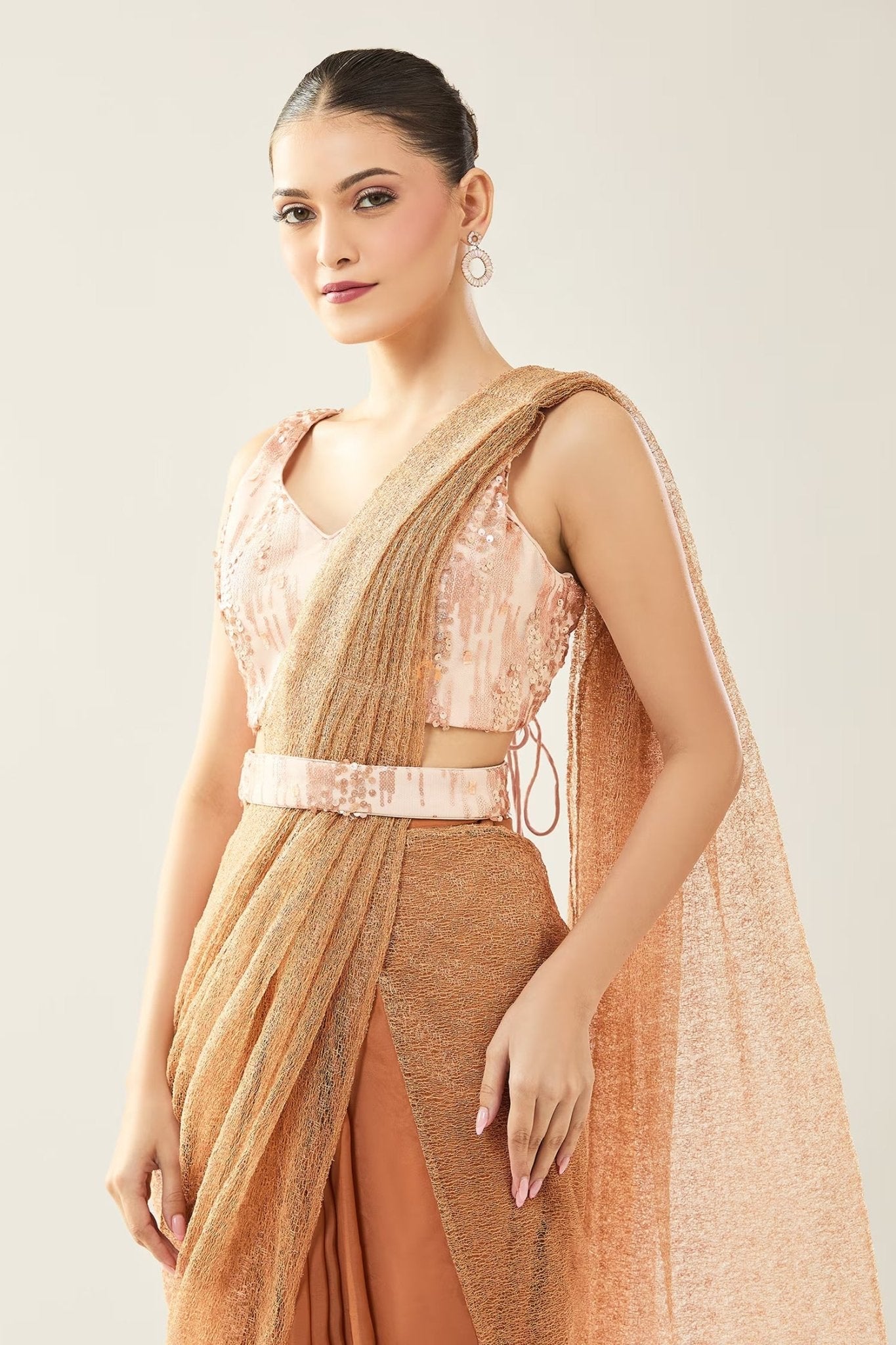 Designer Wear Brown Pre-Draped Saree Set - Simaaya