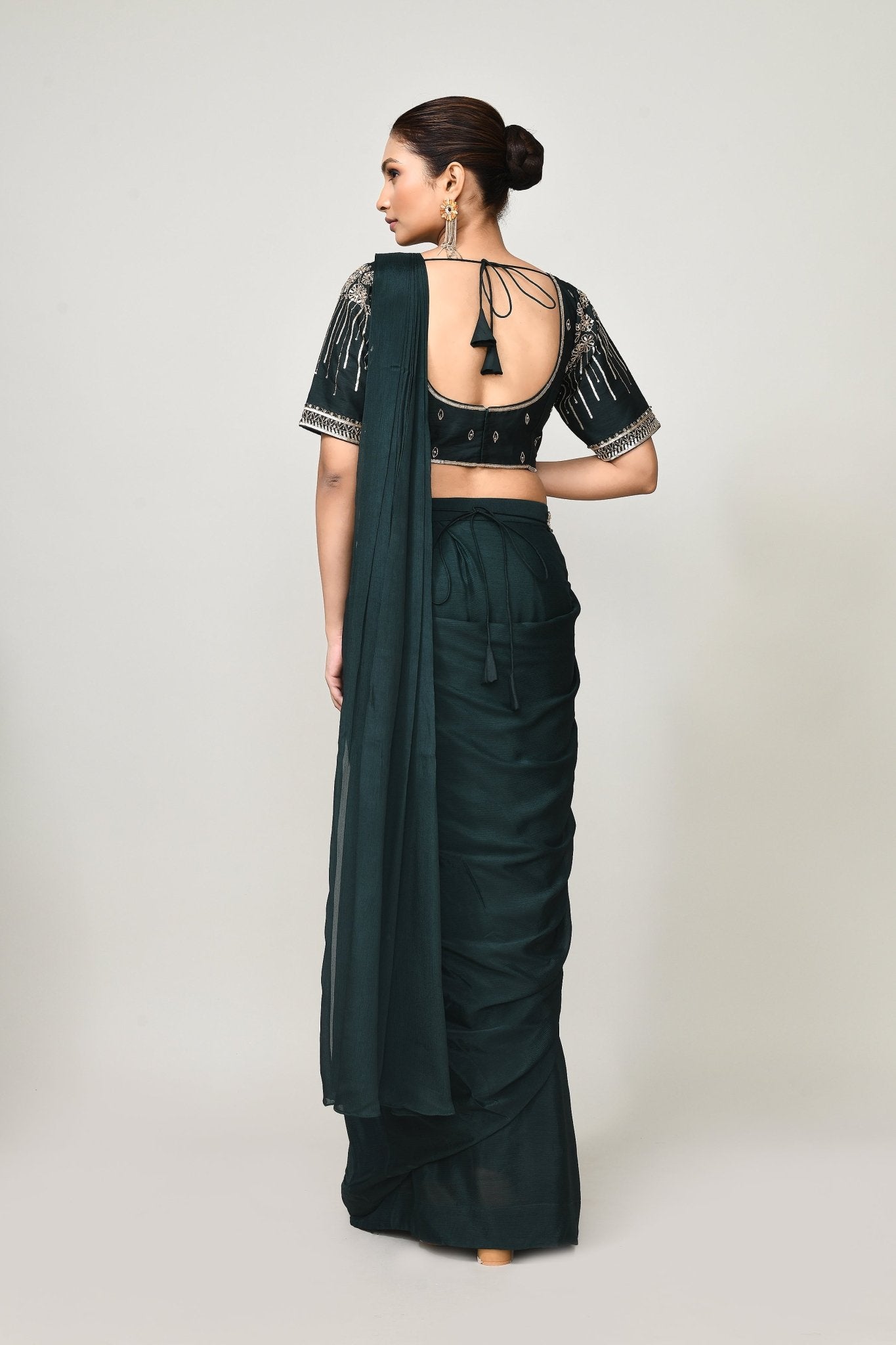 Designer Wear Green Chinon Chiffon Drape Saree - Simaaya