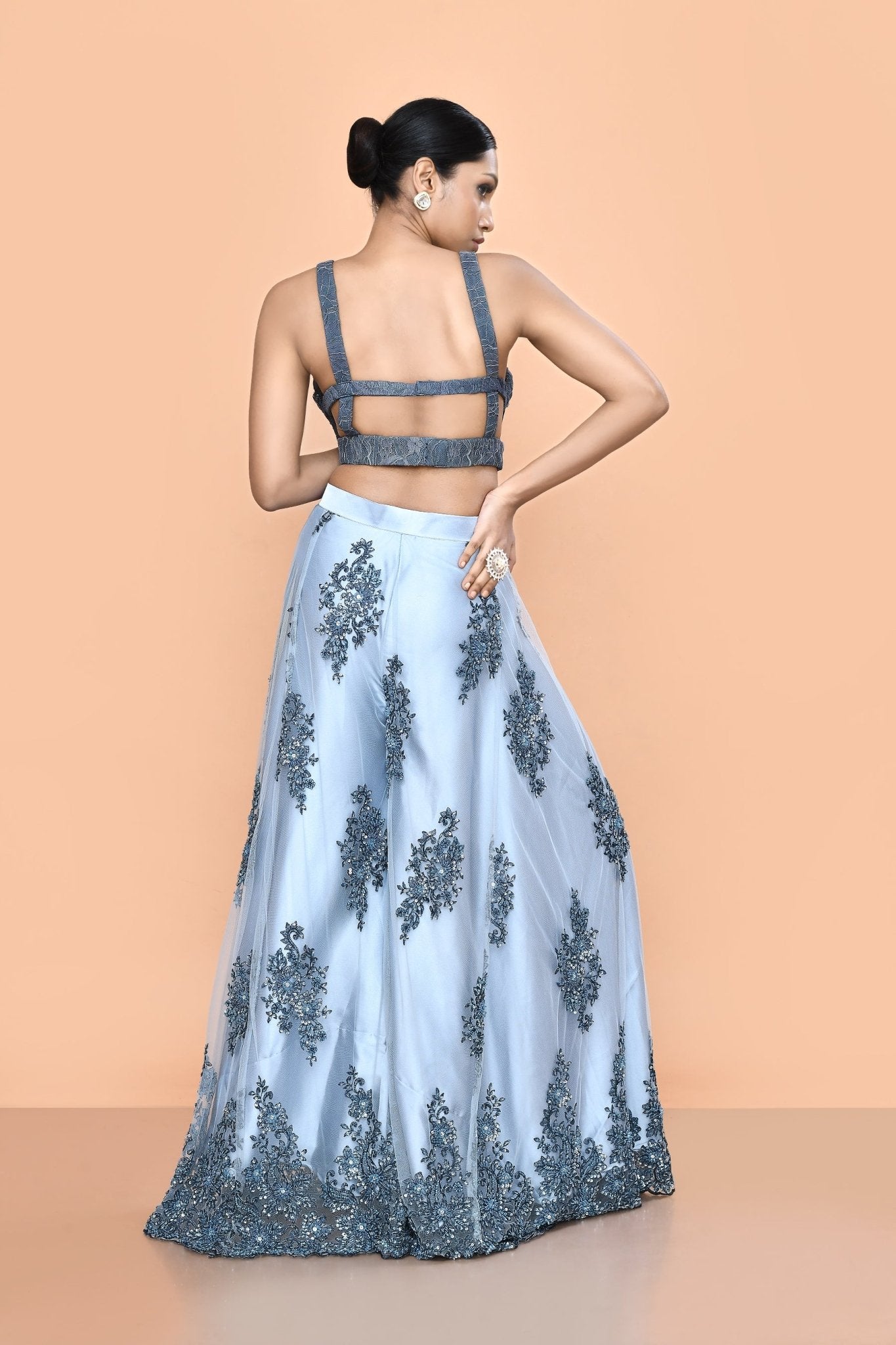 Designer Wear Grey Net Embroidered Palazzo Set - Simaaya