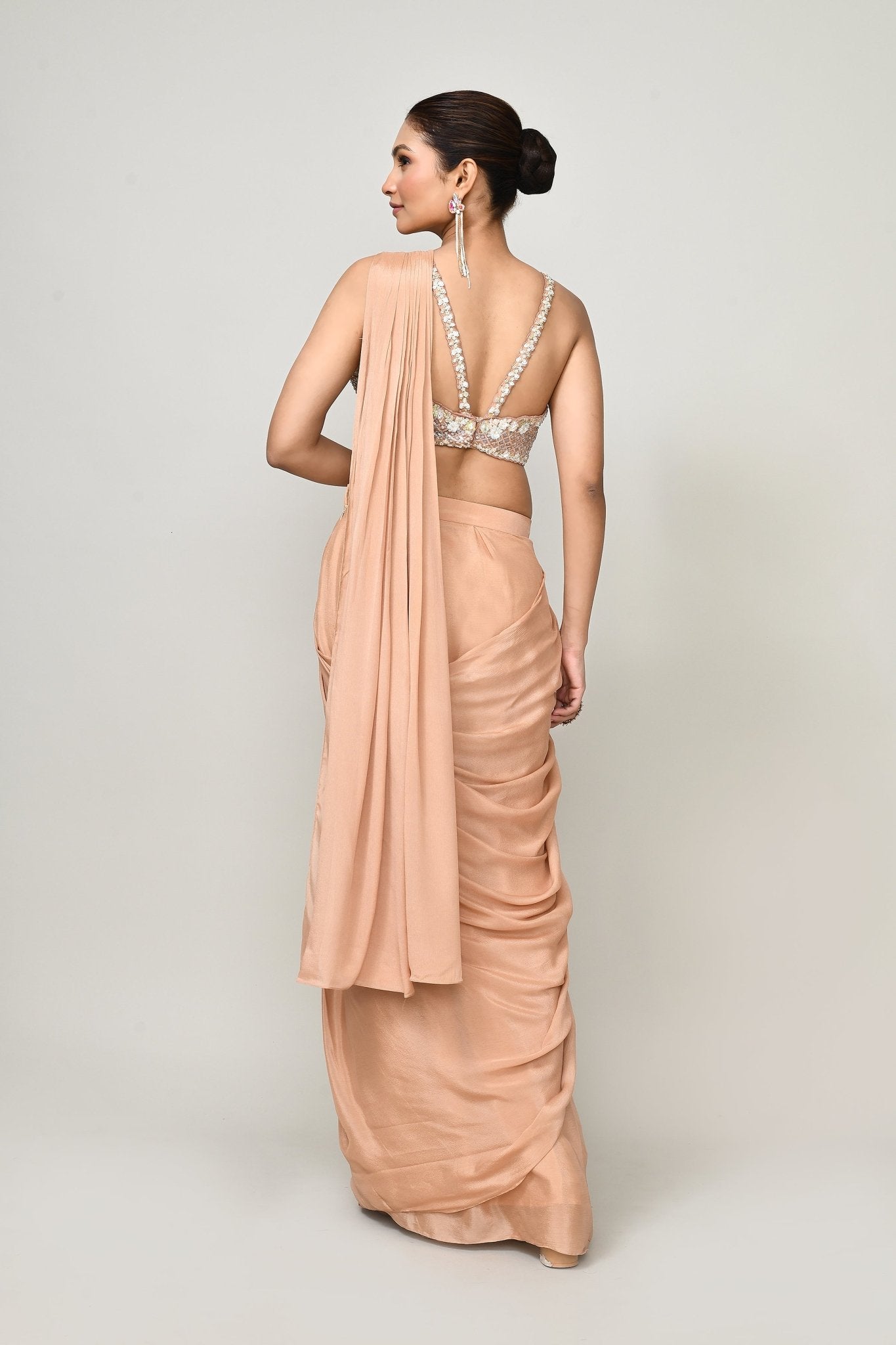 Designer Wear Peach Chinon Chiffon Drape Saree - Simaaya