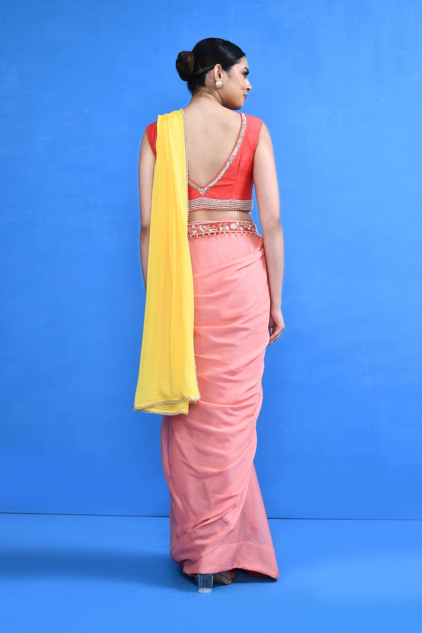 Designer Wear Pink and Yellow Drape Saree - Simaaya