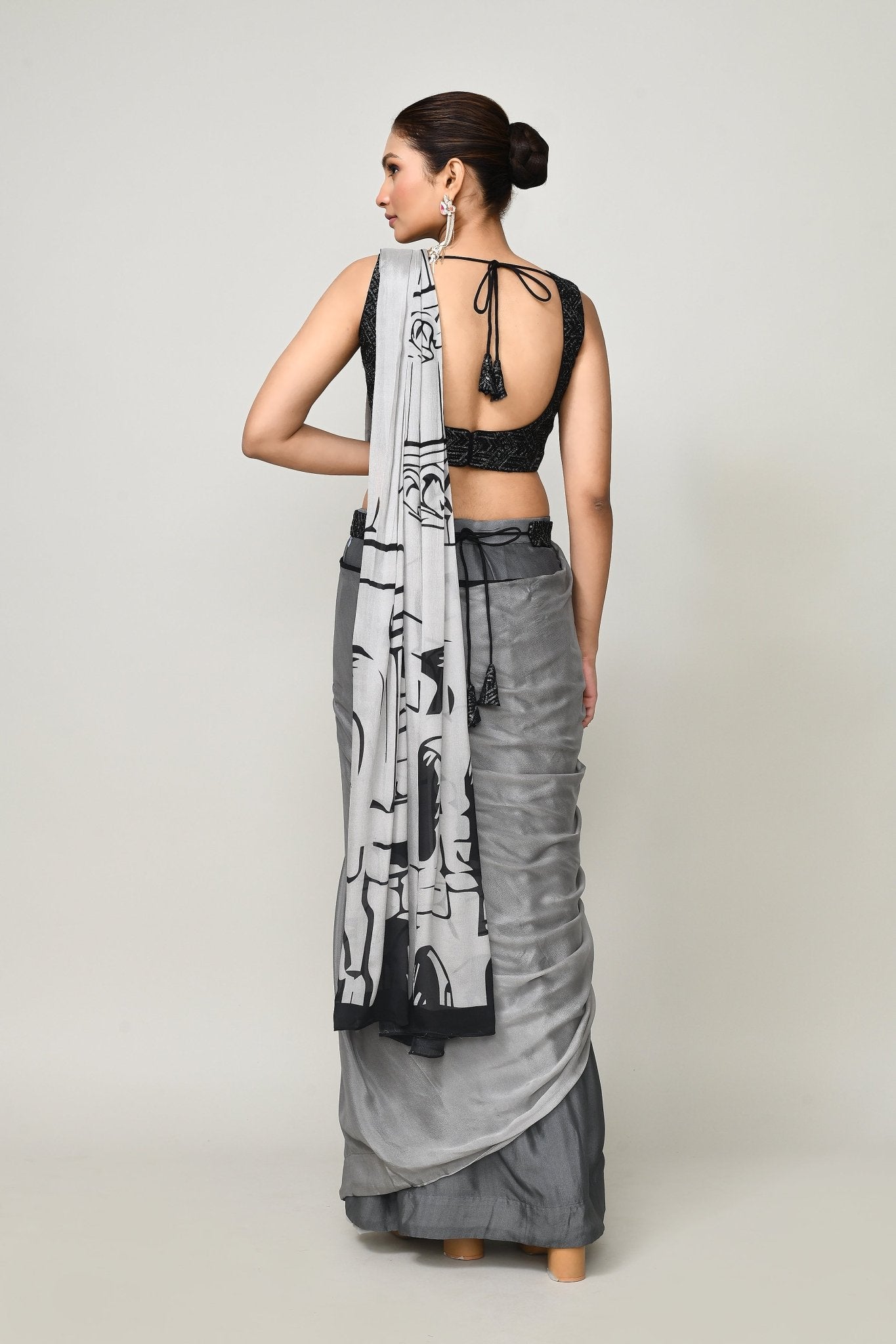Designer Wear Printed Grey Chinon Chiffon Drape Saree - Simaaya