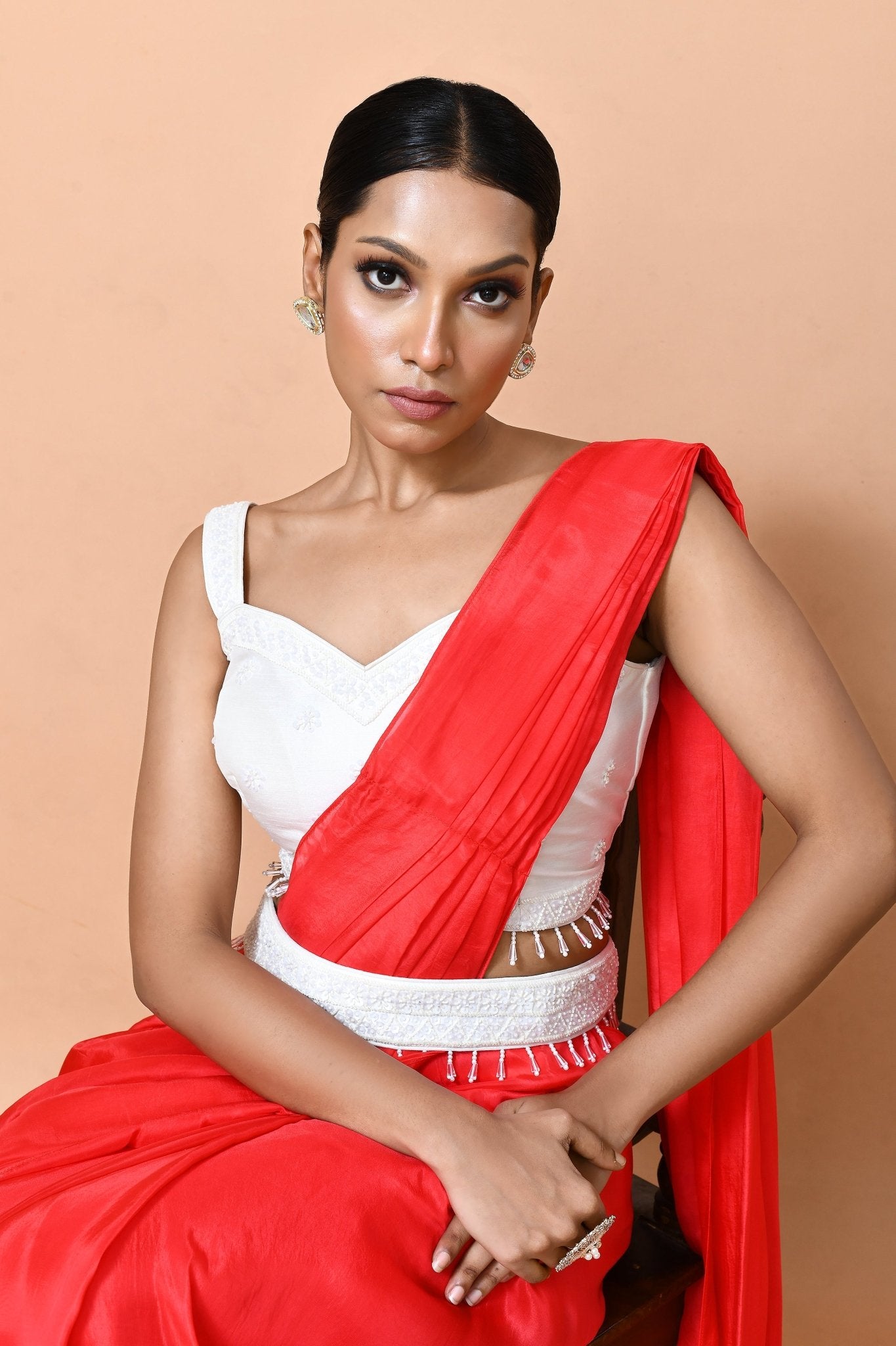 Designer Wear Red Drape Saree - Simaaya