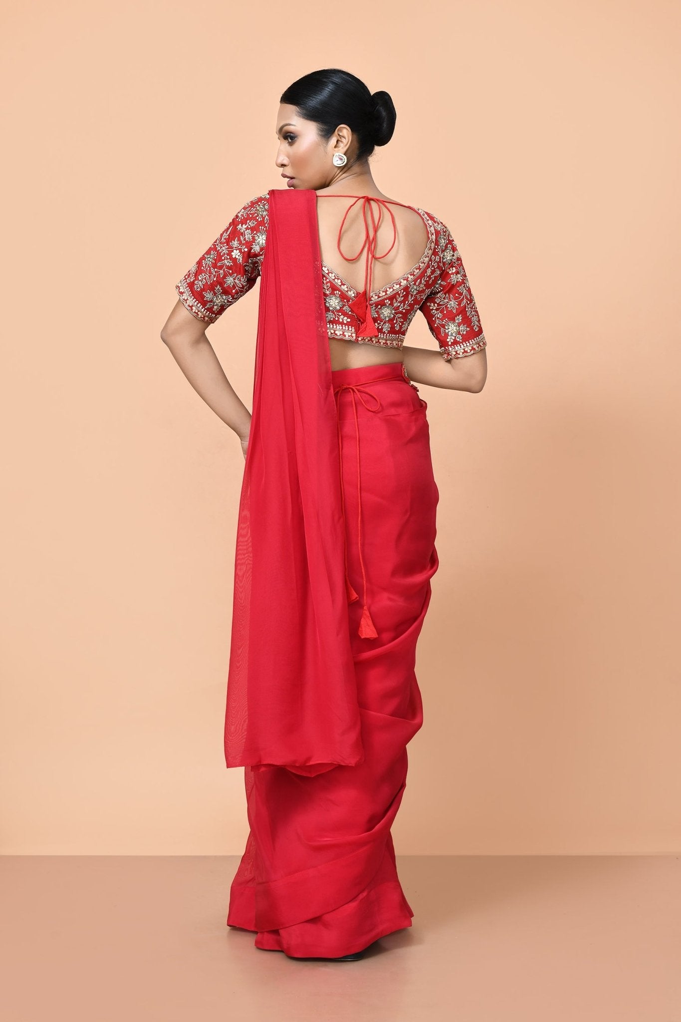 Designer Wear Red Viscose Organza Drape Saree - Simaaya