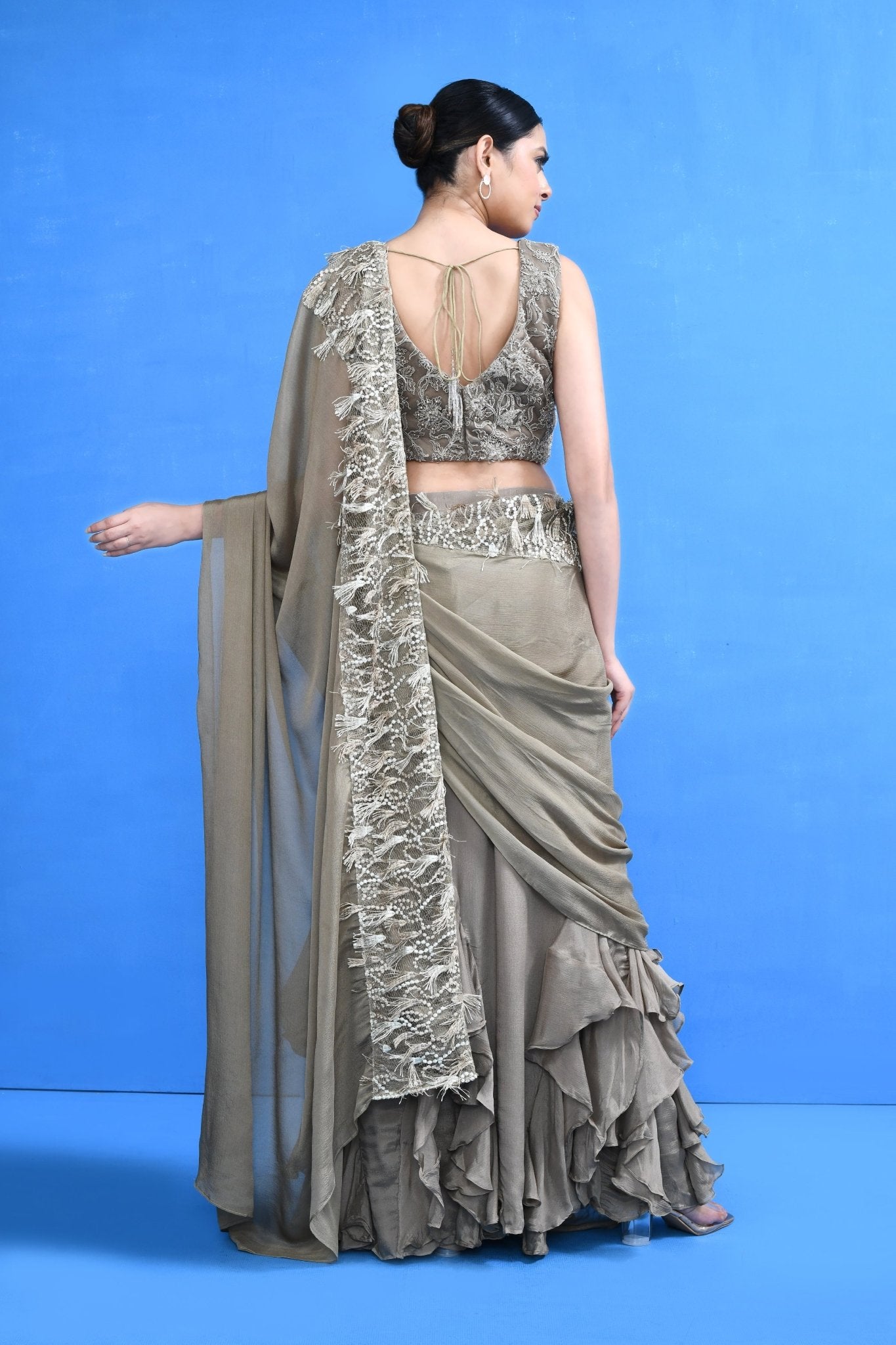 Designer Wear Ruffle Pre-Draped Saree Set - Simaaya