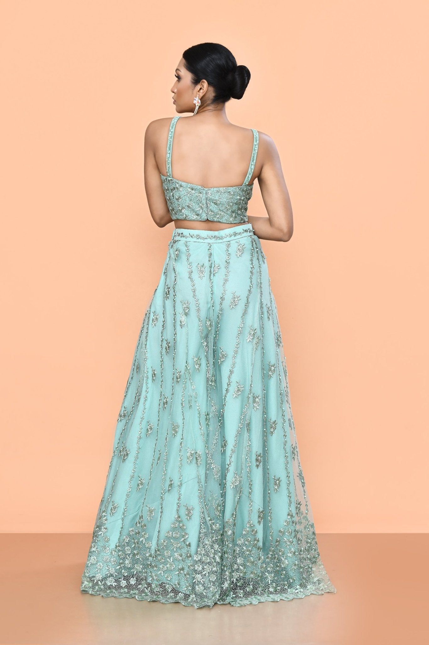 Designer Wear Sea Green Net Embroidered Lehenga Set - Simaaya