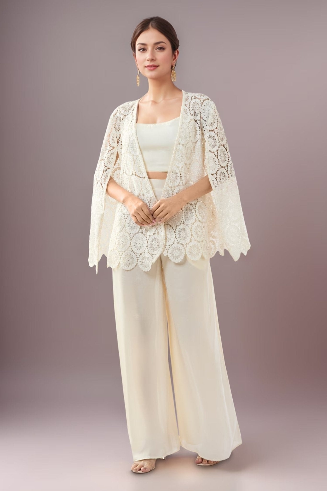 Designer Wear White Open Jacket And Pant Set - Simaaya