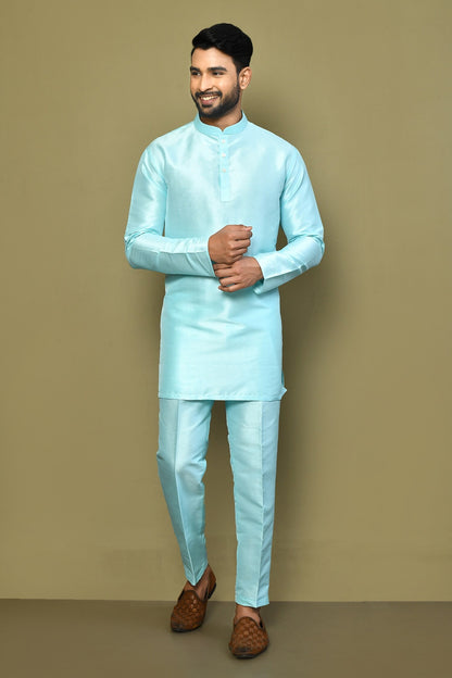 Designer Wear Powder Blue Color Silk Short kurta