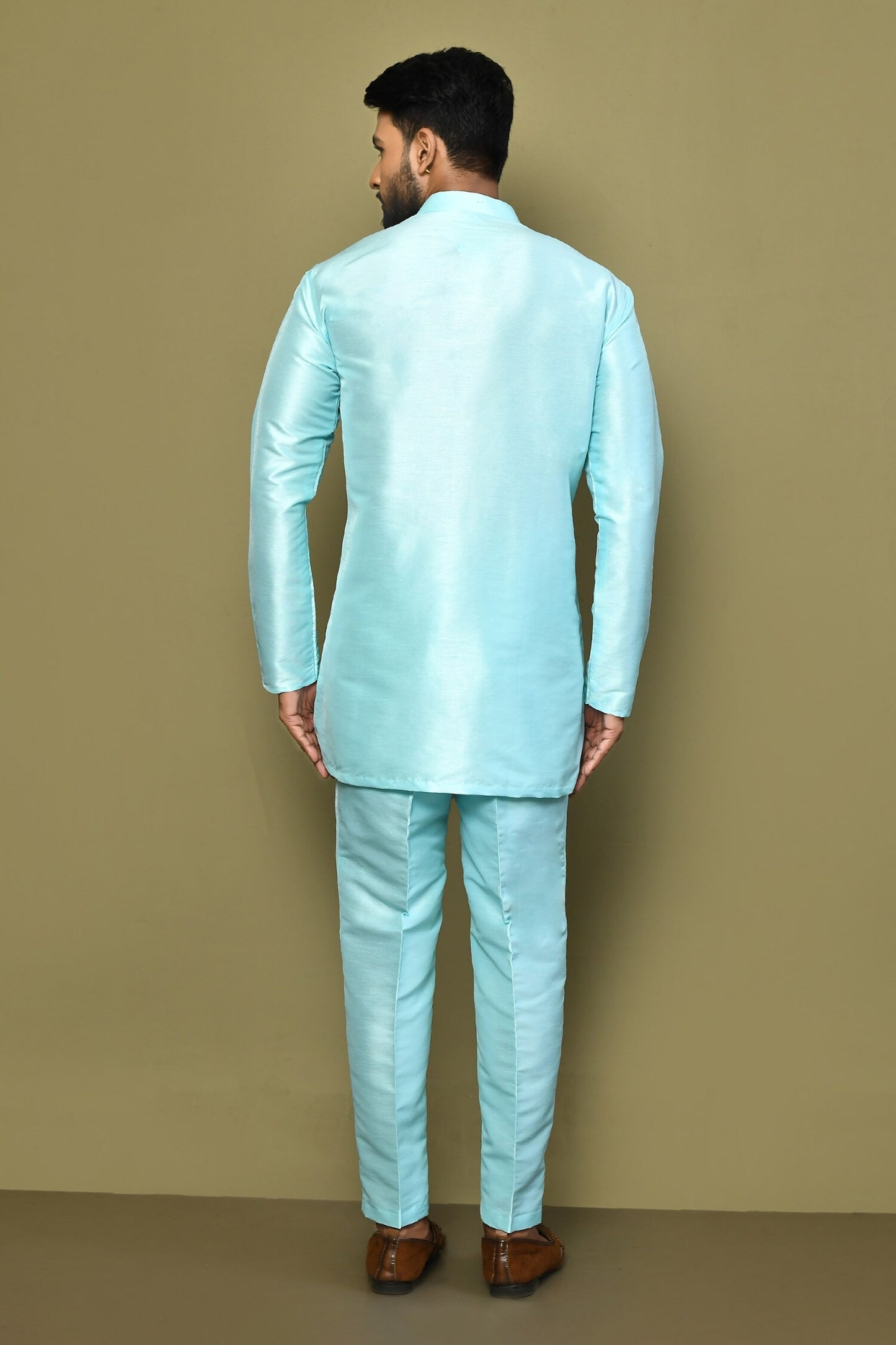 Designer Wear Powder Blue Color Silk Short kurta
