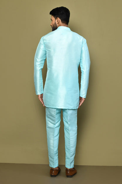 Designer Wear Powder Blue Color Silk Short kurta