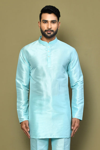 Designer Wear Powder Blue Color Silk Short kurta