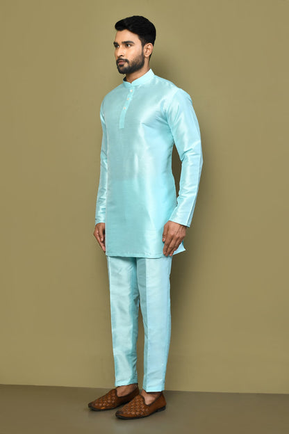 Designer Wear Powder Blue Color Silk Short kurta