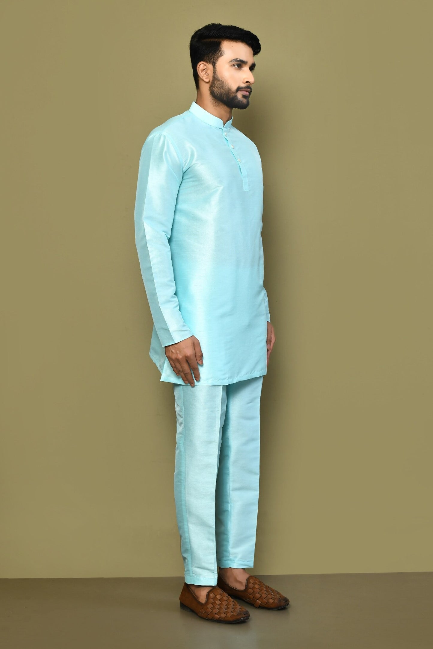 Designer Wear Powder Blue Color Silk Short kurta