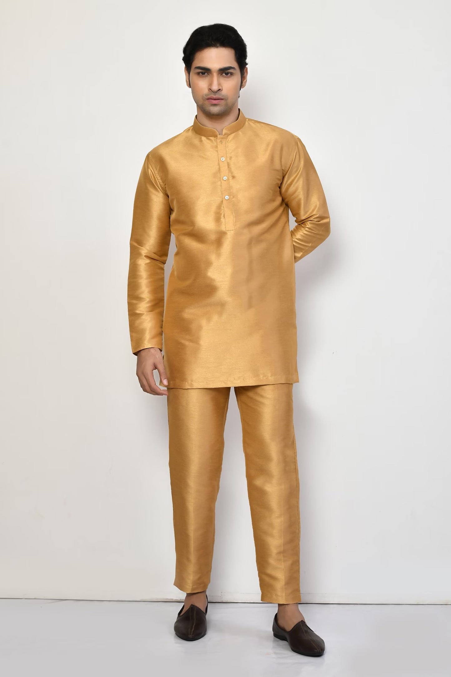 Designer Wear Beige Color Silk Short kurta
