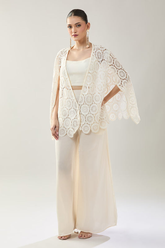 Designer Wear White Open Jacket And Pant Set