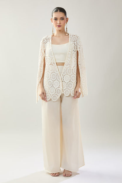 Designer Wear White Open Jacket And Pant Set