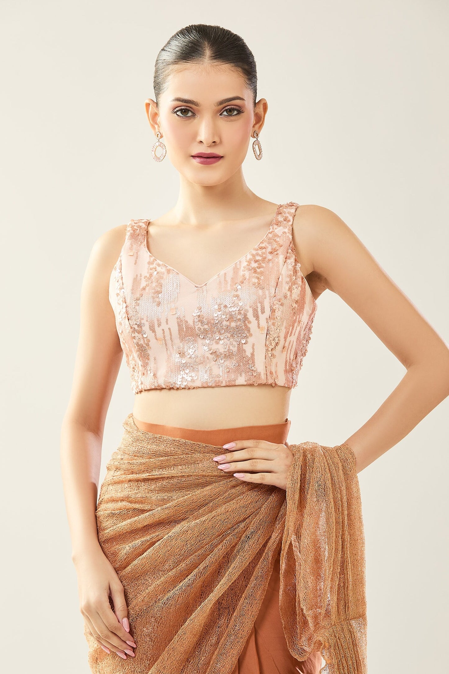 Designer Wear Brown Pre-Draped Saree Set