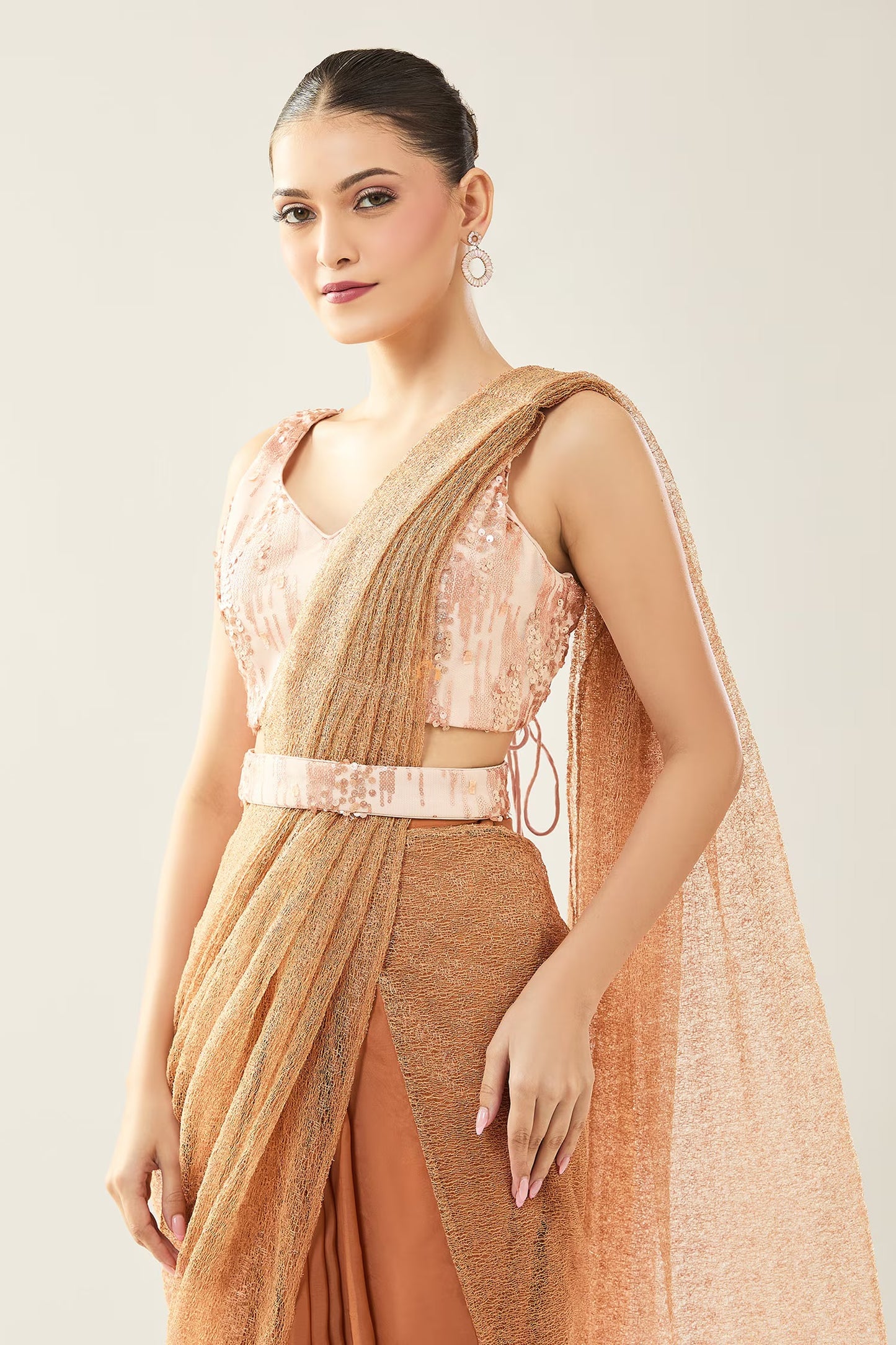 Designer Wear Brown Pre-Draped Saree Set