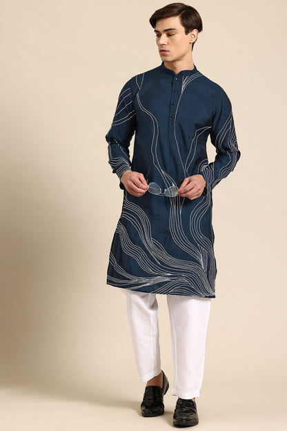 Designer Long Kurta In Navy Blue