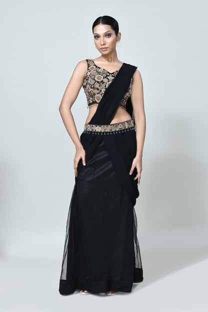 Designer Wear Black Georgette Net Drape Saree