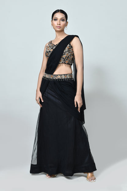 Designer Wear Black Georgette Net Drape Saree