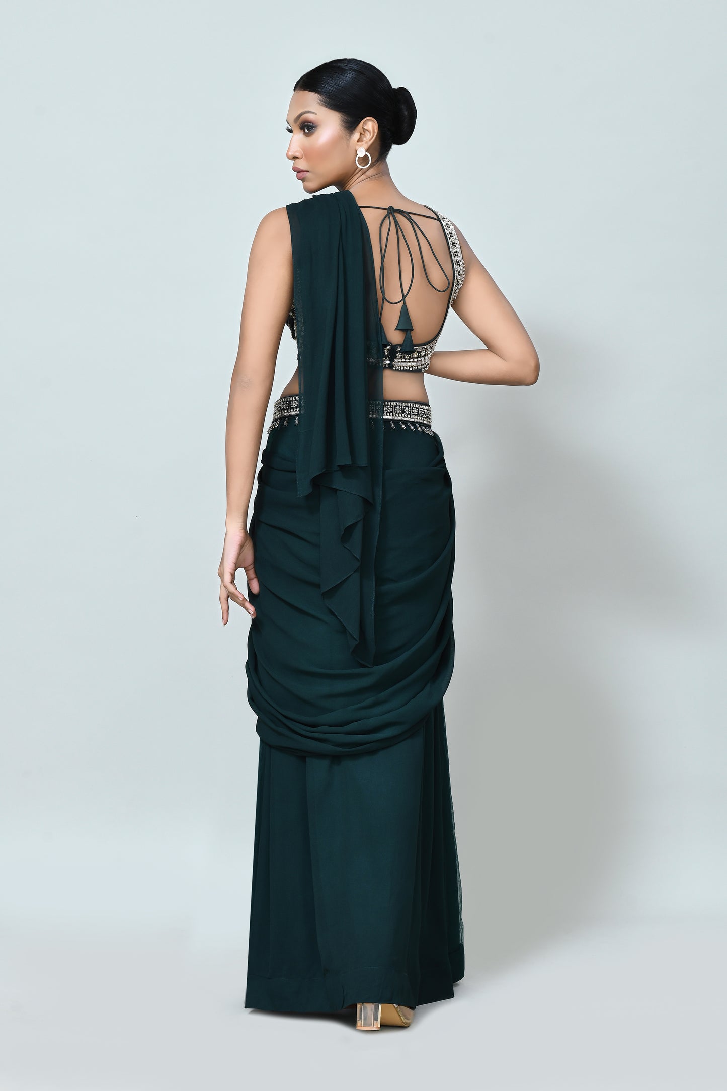Designer Wear Green Georgette Net Drape Saree