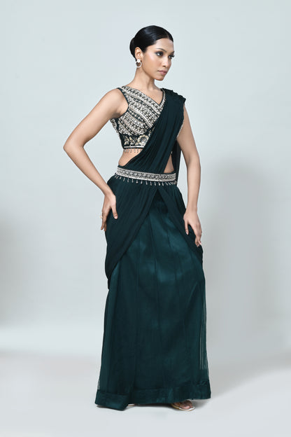 Designer Wear Green Georgette Net Drape Saree