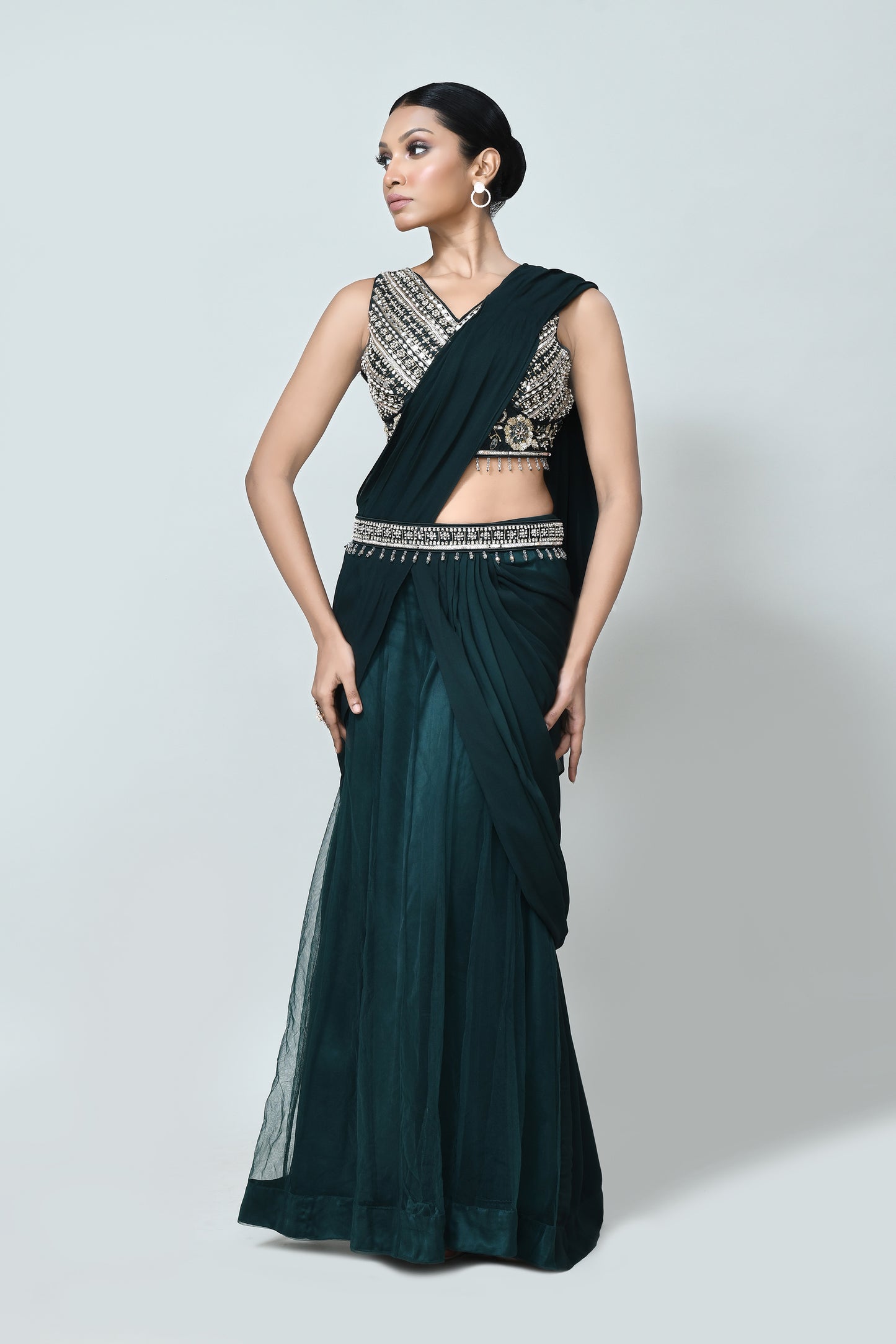 Designer Wear Green Georgette Net Drape Saree