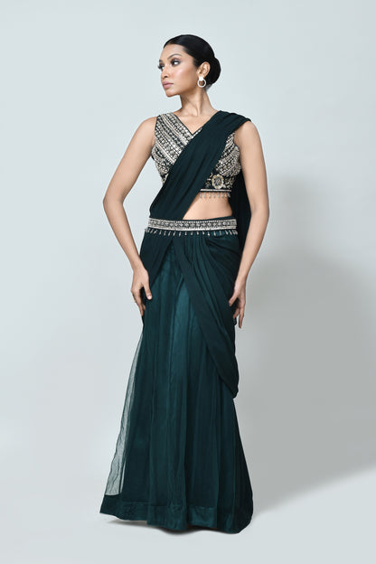 Designer Wear Green Georgette Net Drape Saree