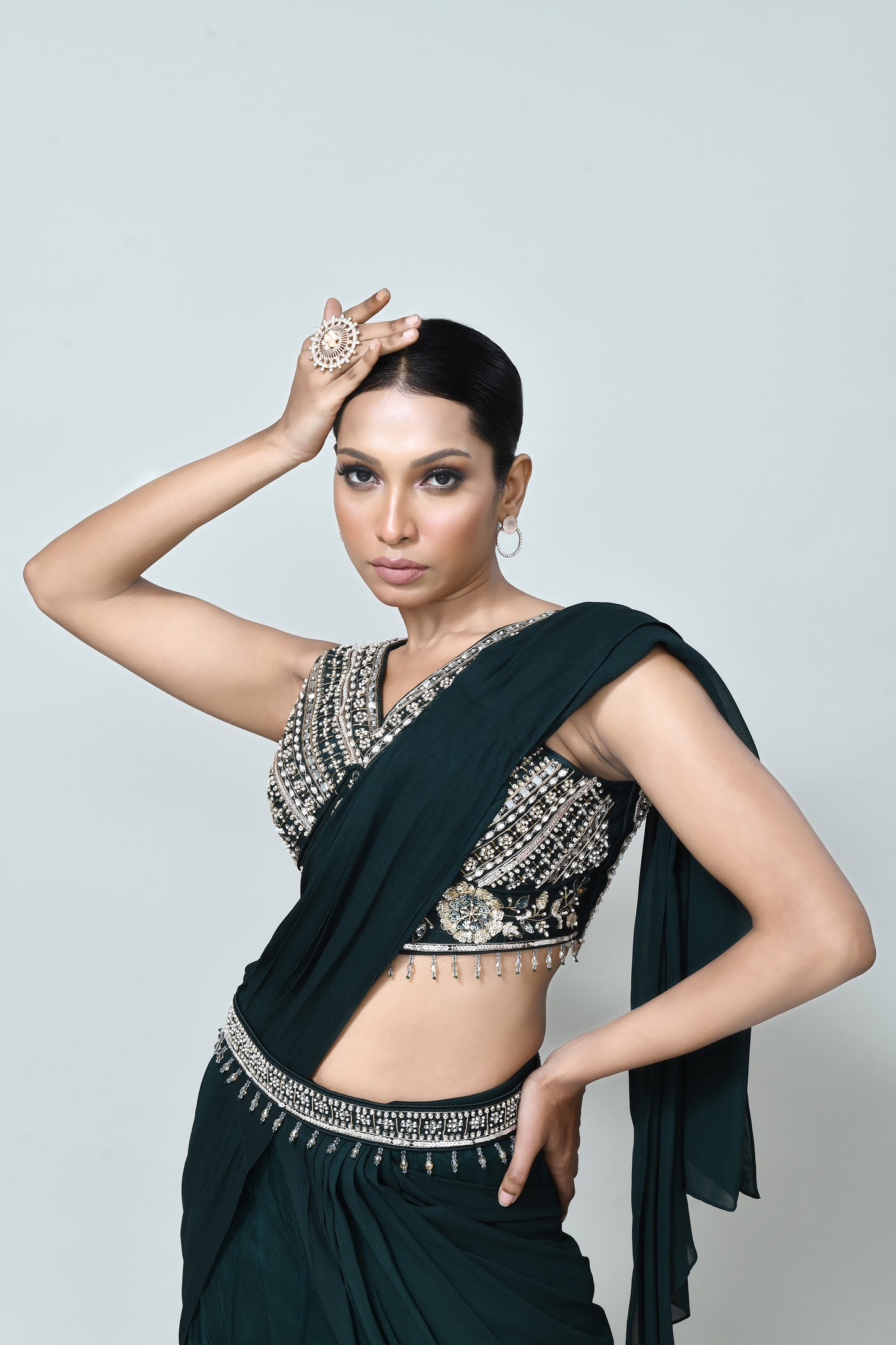 Designer Wear Green Georgette Net Drape Saree