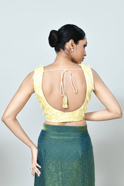Designer Wear Metallic Green Diamond Silk Drape Saree