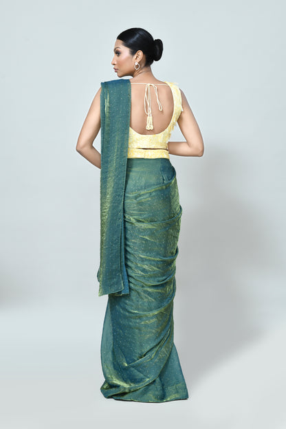 Designer Wear Metallic Green Diamond Silk Drape Saree
