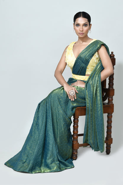 Designer Wear Metallic Green Diamond Silk Drape Saree