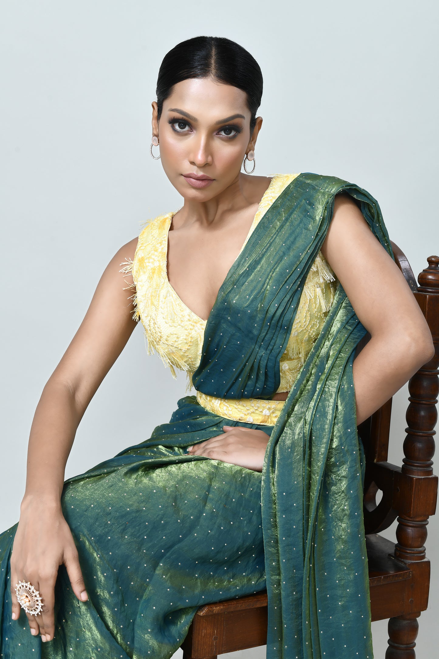 Designer Wear Metallic Green Diamond Silk Drape Saree