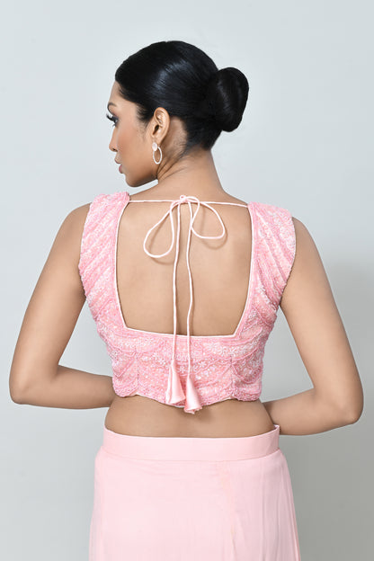 Designer Wear Peach Georgette Net Drape Saree