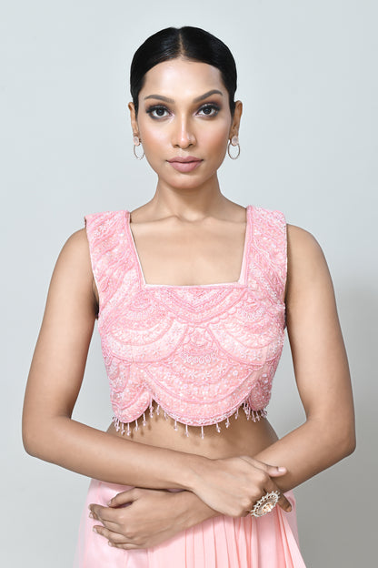 Designer Wear Peach Georgette Net Drape Saree