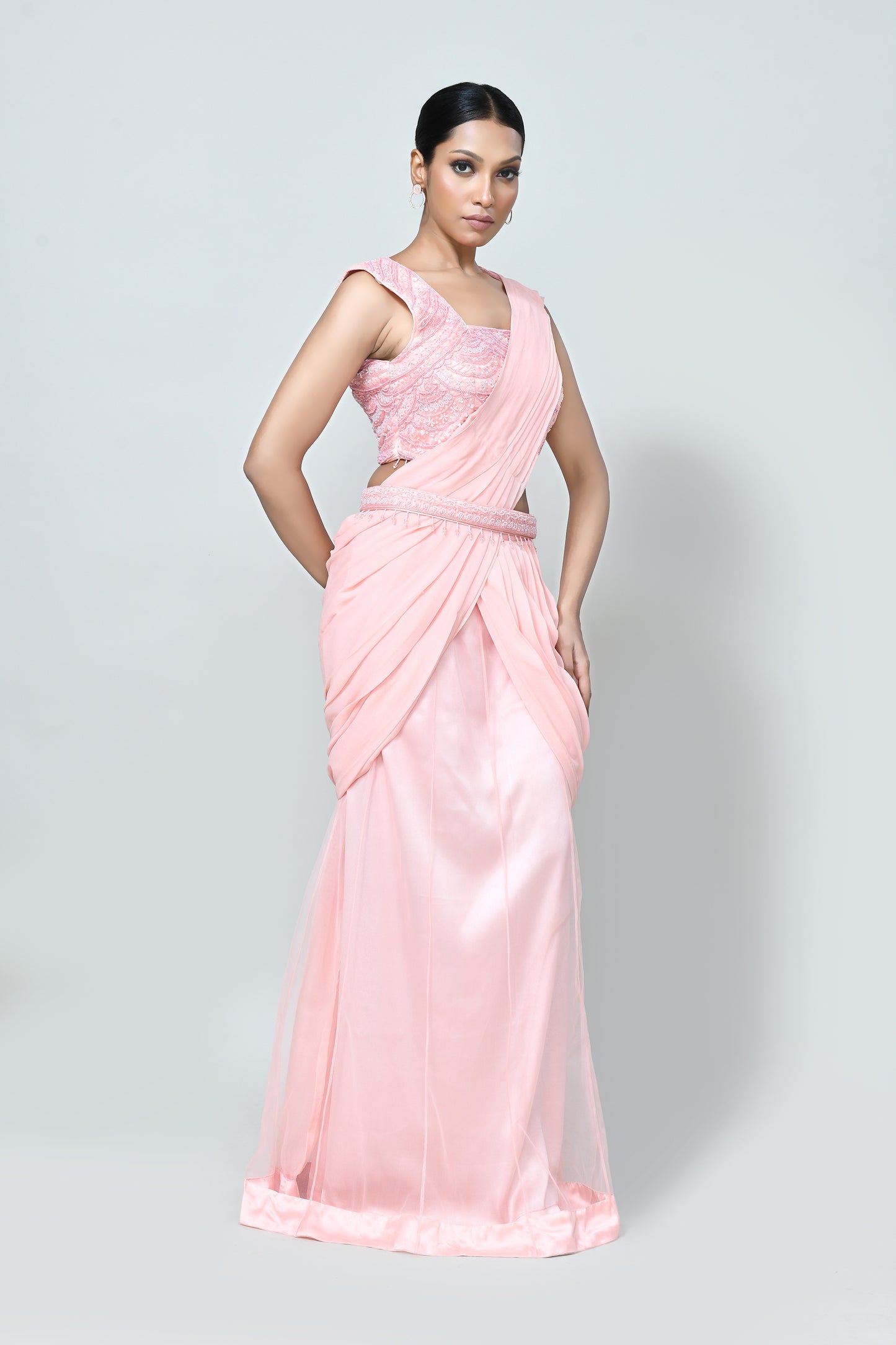 Designer Wear Peach Georgette Net Drape Saree