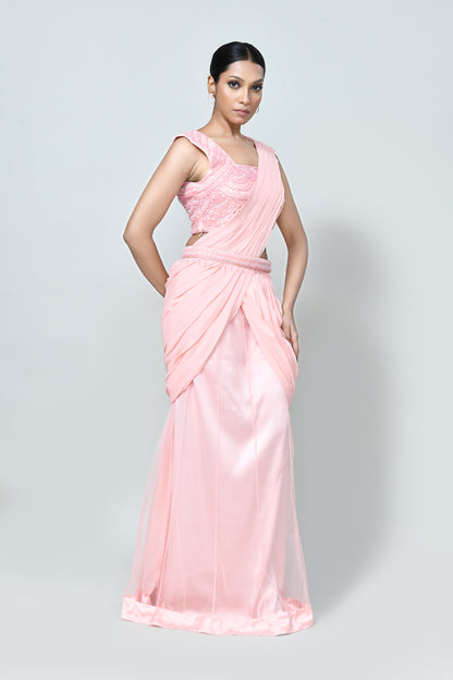 Designer Wear Peach Georgette Net Drape Saree