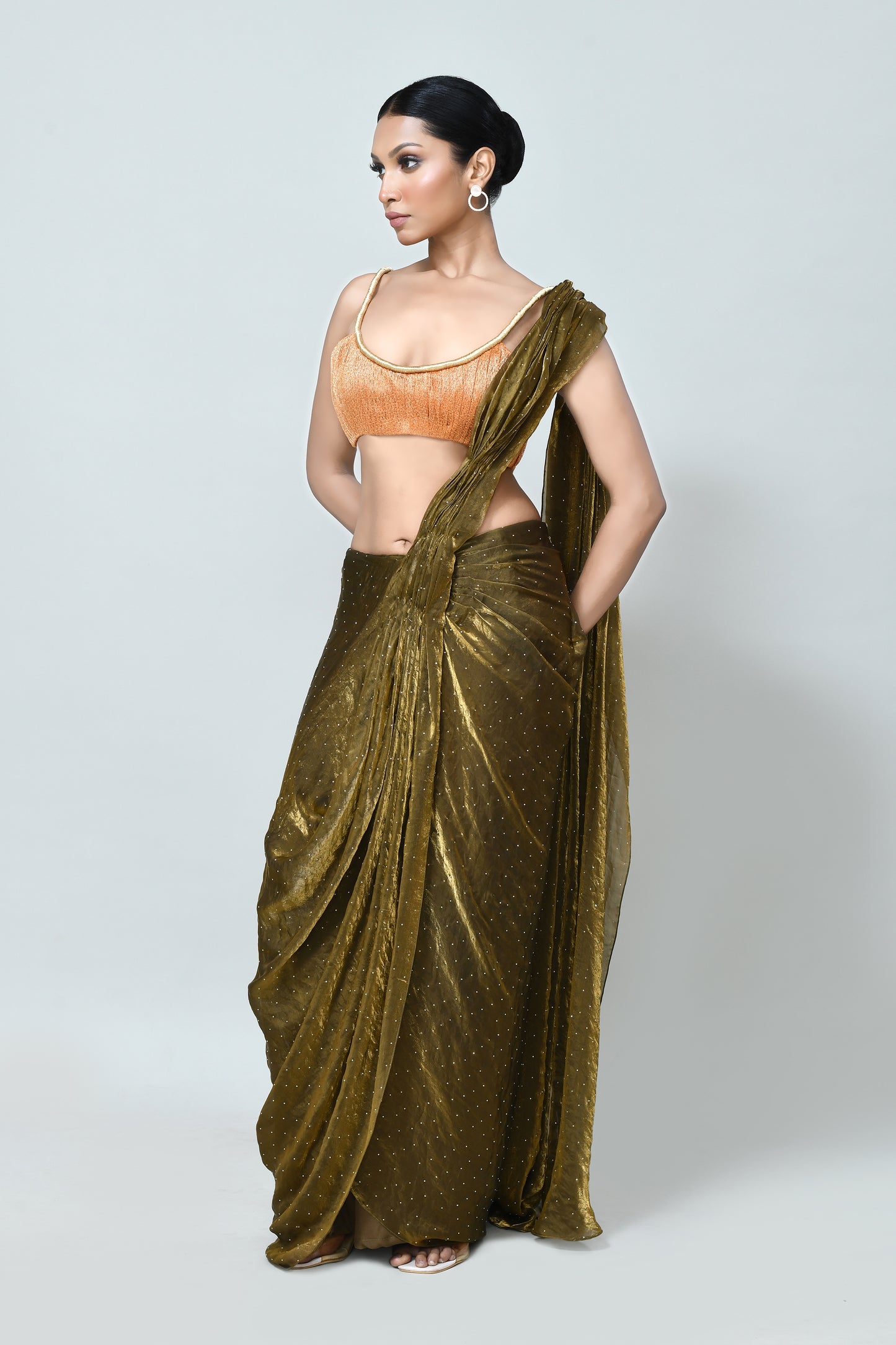 Designer Wear Brown Diamond Silk Drape Saree