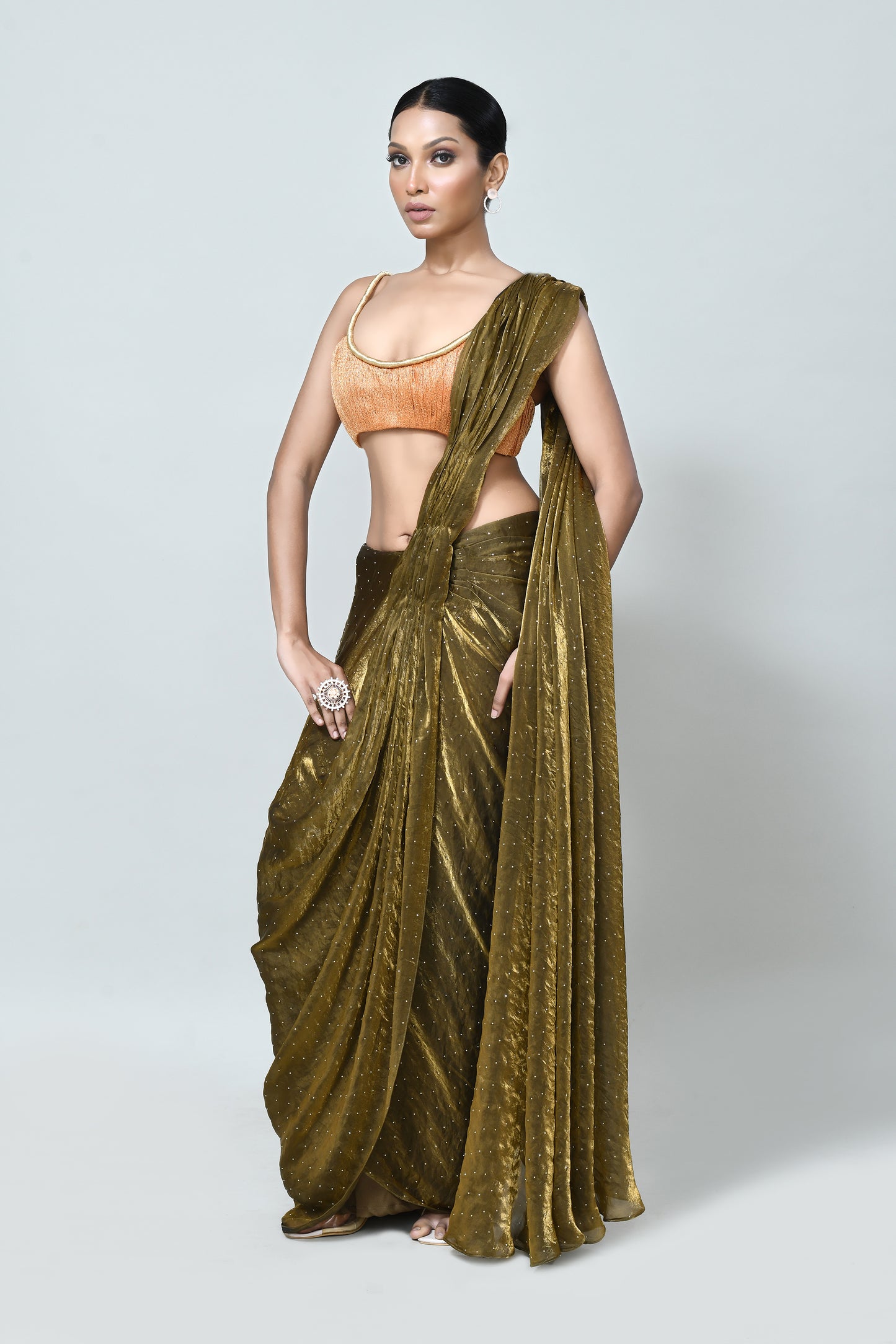 Designer Wear Brown Diamond Silk Drape Saree