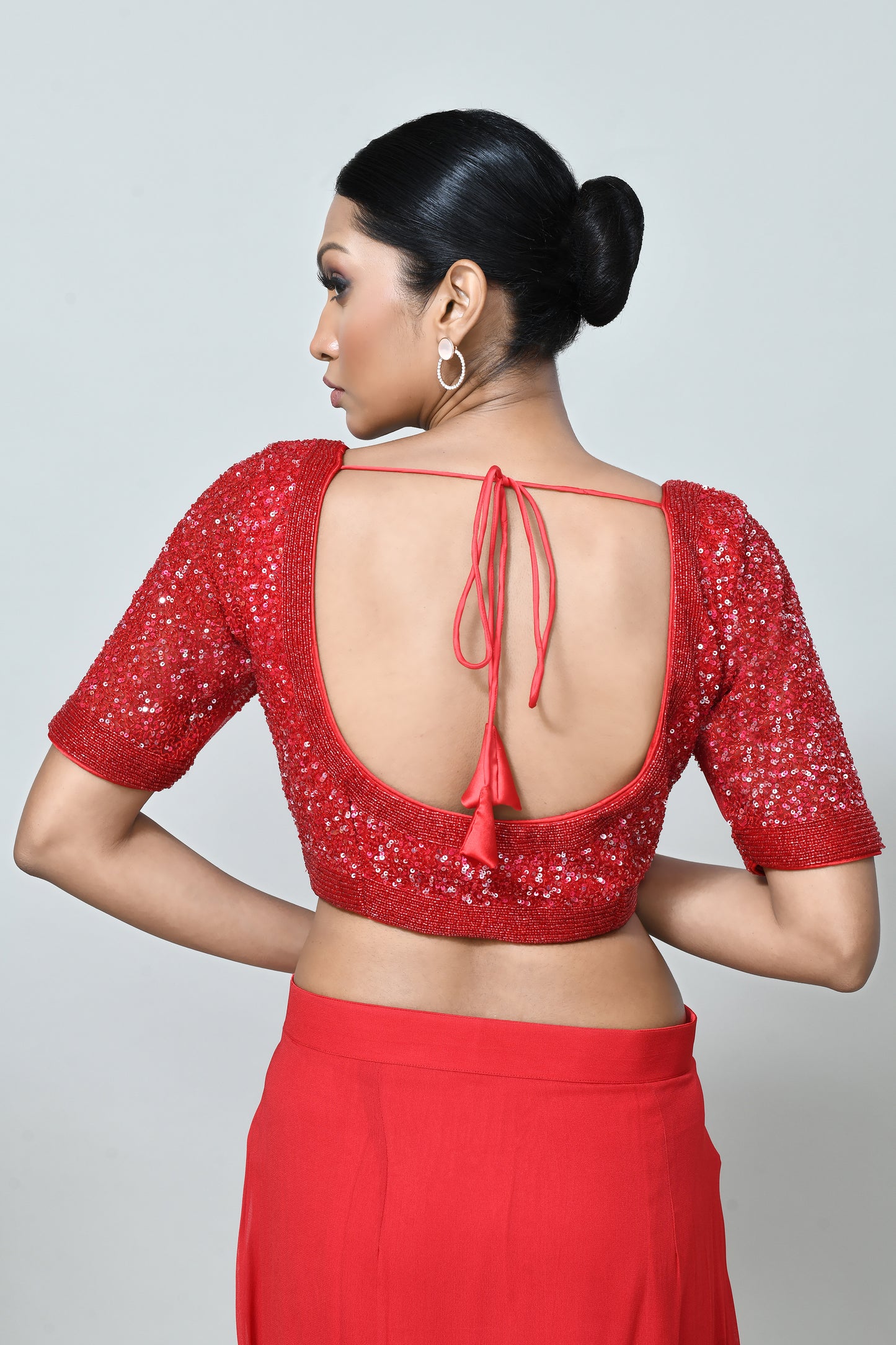 Designer Wear Red Georgette Net Drape Saree