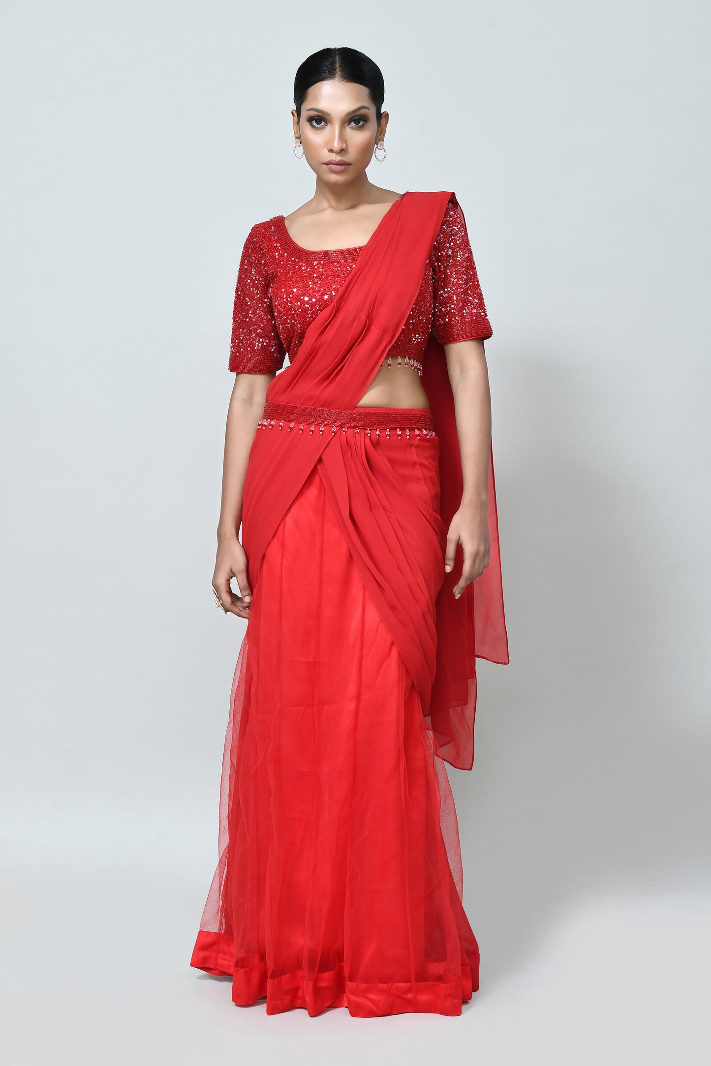 Designer Wear Red Georgette Net Drape Saree